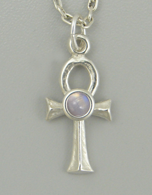 Sterling Silver Sacred Egyptian Ankh Pendant With Rainbow Moonstone